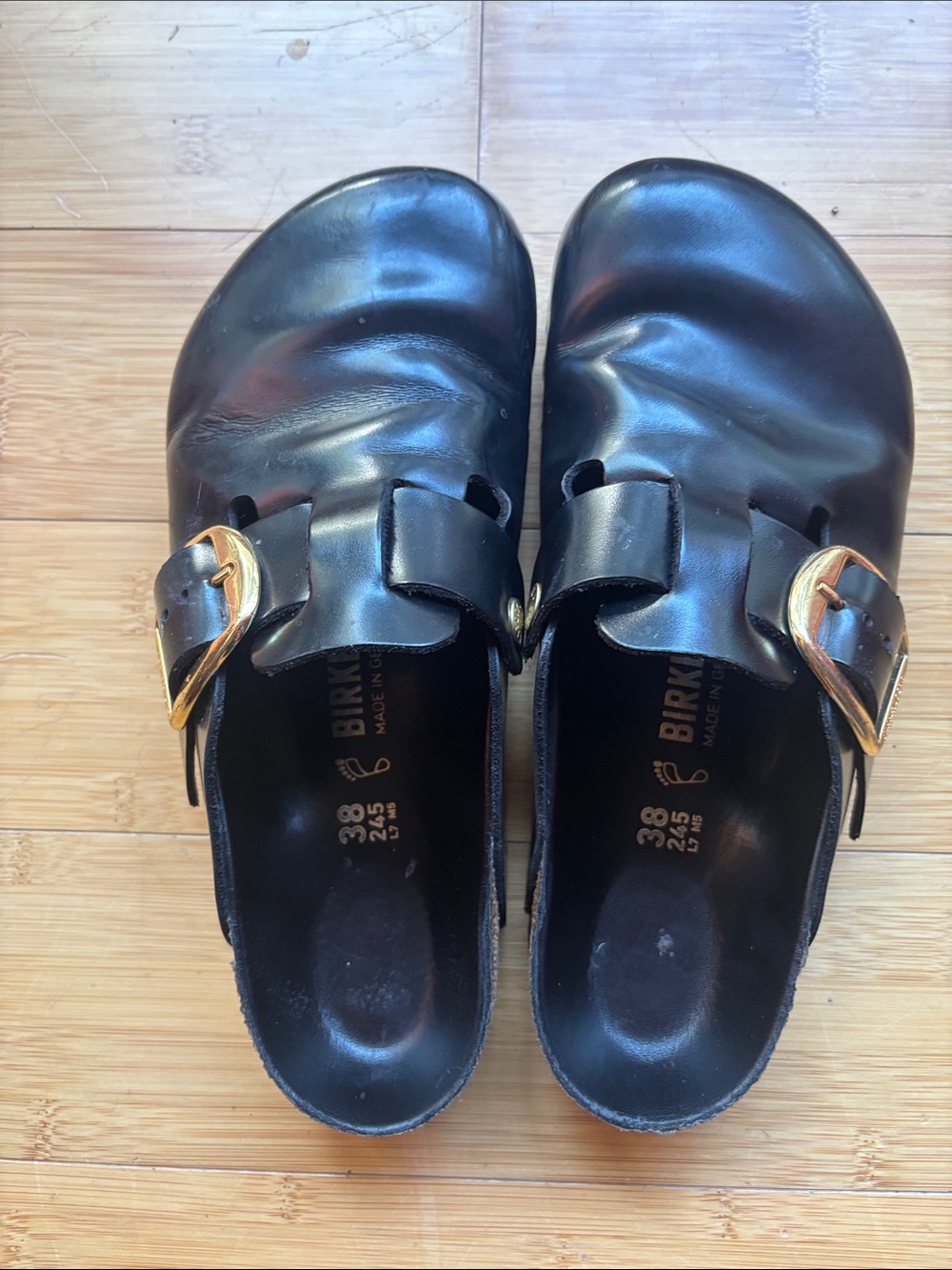 Black Leather Slip-On Clog with Gold Buckle - Women